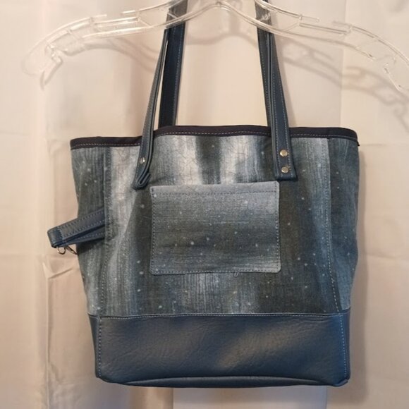 New Abstract Tote Shopper shoulder Bag Blue Crackle Stars Double handle Carryall - Picture 2 of 11